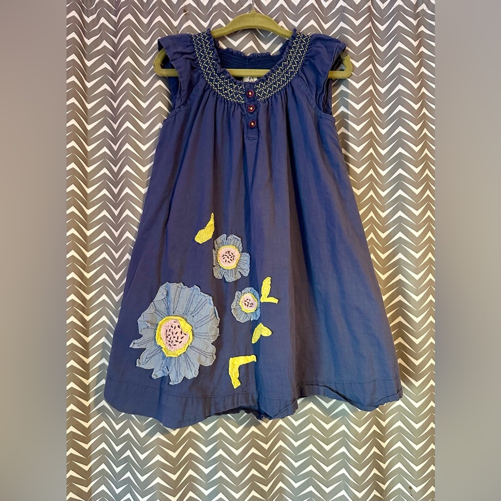 Mini Boden | Girl's Blue Sleeveless Floral Applique Dress, 2-3y